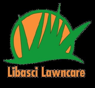 Libasti Lawncare logo featuring a green snail with orange accents and text below